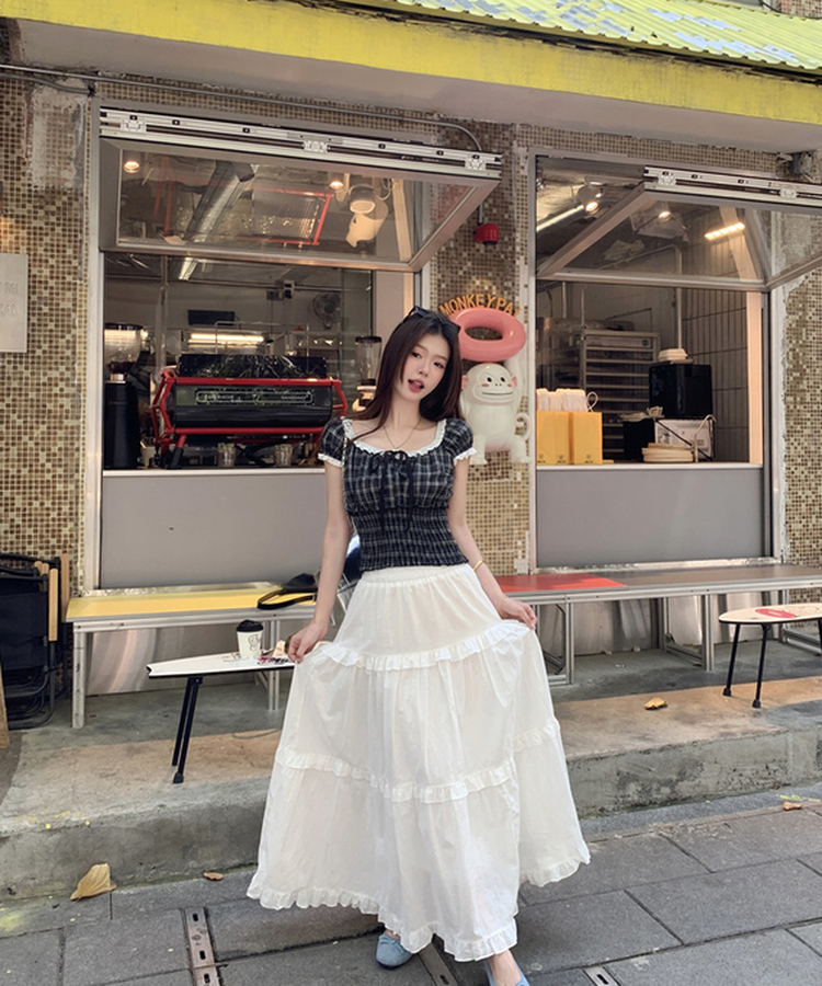 チェックレースフリルブラウス BLACK