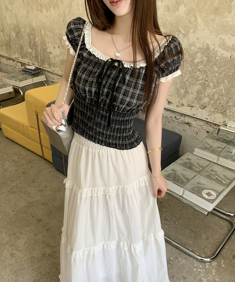 チェックレースフリルブラウス BLACK