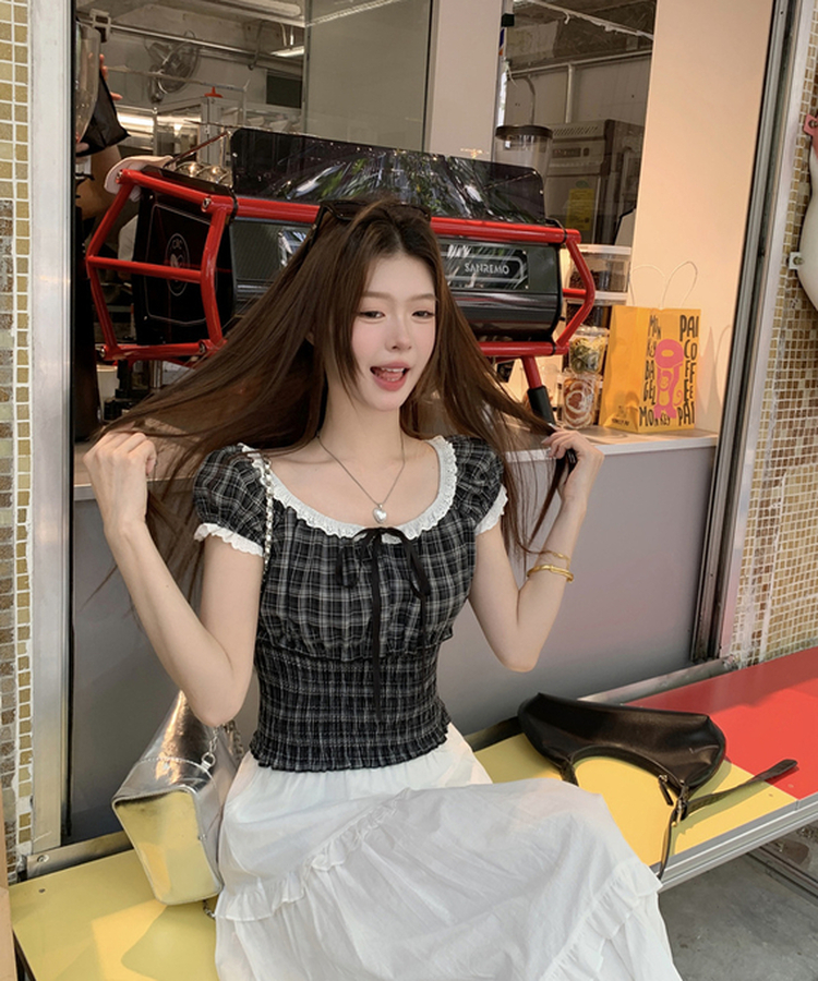 チェックレースフリルブラウス BLACK