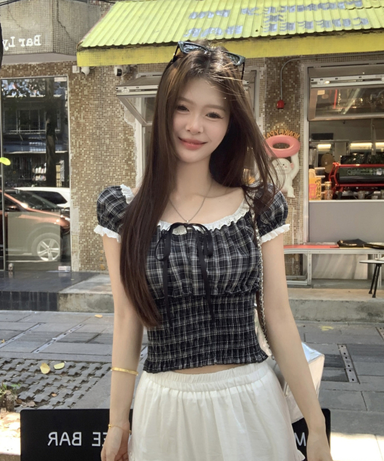 チェックレースフリルブラウス BLACK