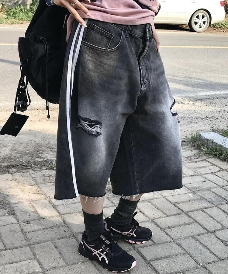 ショートパンツ ダメージトラックラインバミューダパンツ BLACK DENIM