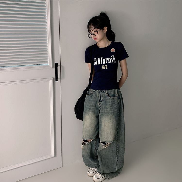 半袖Tシャツ スリムレタリング半袖Tシャツ NAVY