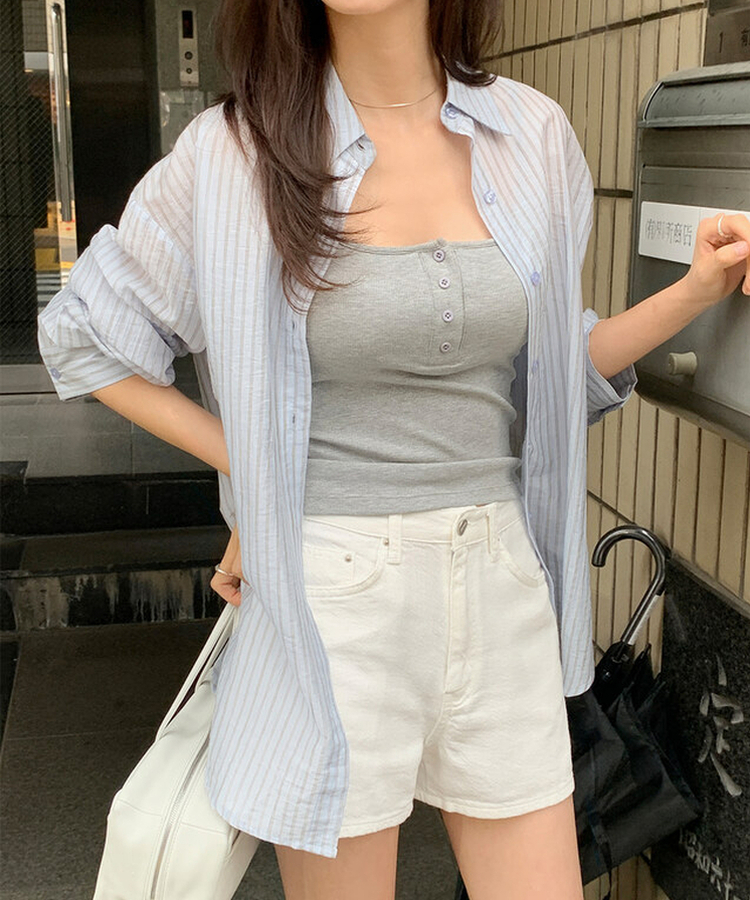 シャツ ストライプシースルーシャツ BLUE + BROWN