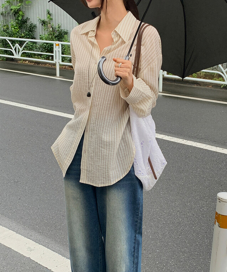 シャツ ストライプシースルーシャツ CREAM + BROWN