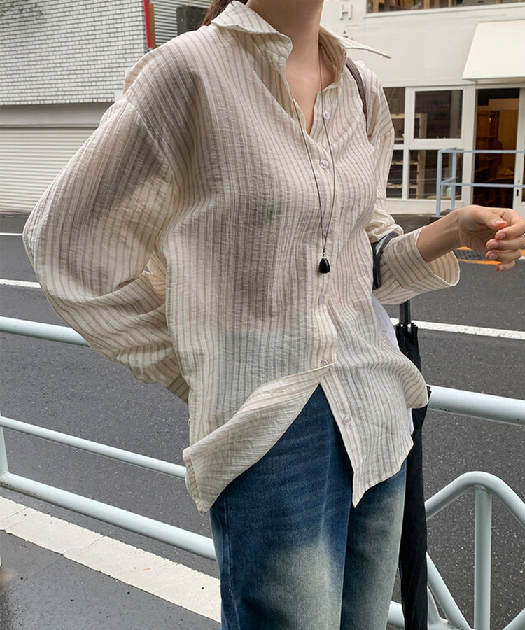 シャツ ストライプシースルーシャツ CREAM + BROWN