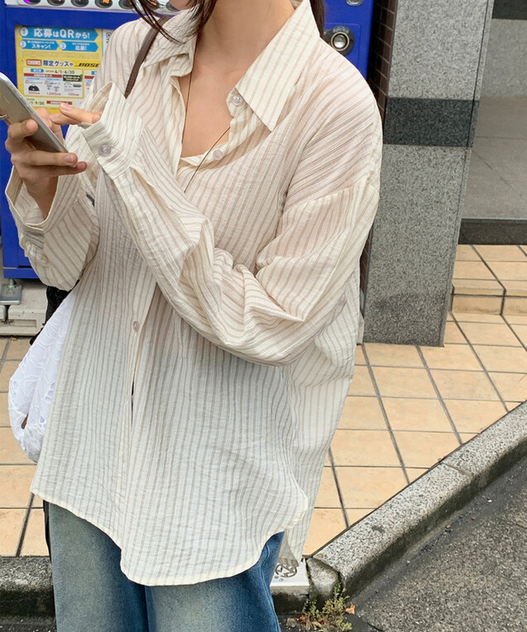 シャツ ストライプシースルーシャツ CREAM + BROWN