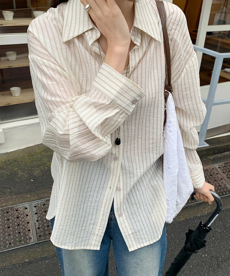シャツ ストライプシースルーシャツ CREAM + BROWN