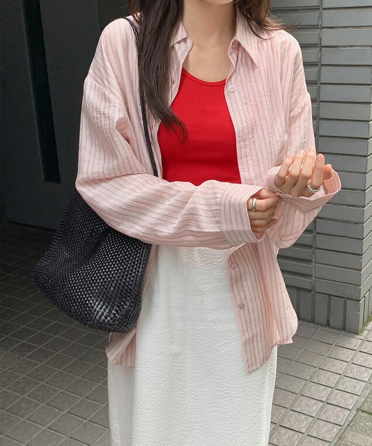 シャツ ストライプシースルーシャツ PINK + BROWN