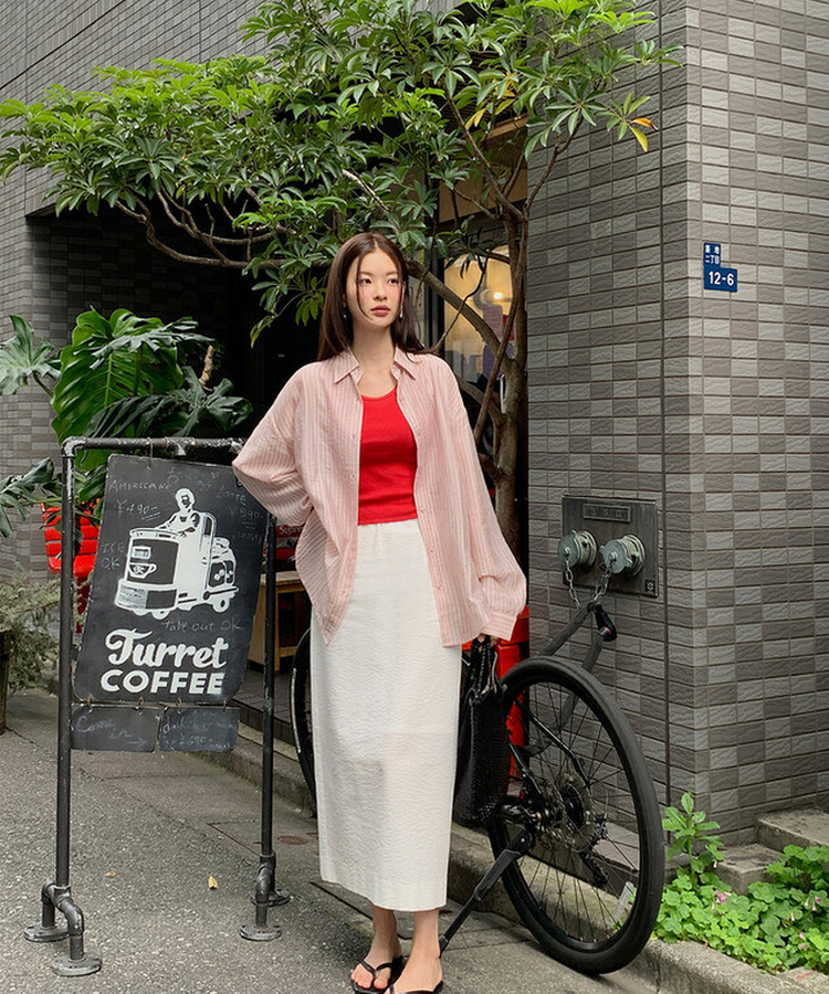 シャツ ストライプシースルーシャツ PINK + BROWN
