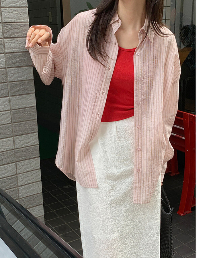 シャツ ストライプシースルーシャツ PINK + BROWN