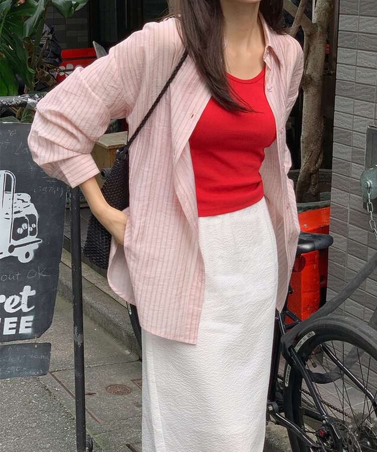 シャツ ストライプシースルーシャツ PINK + BROWN