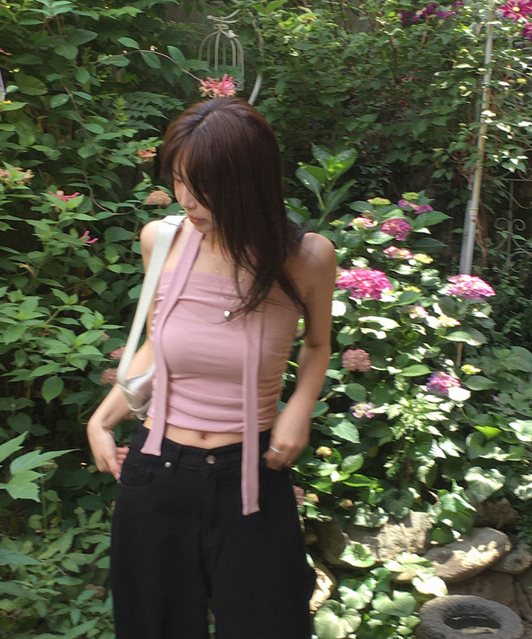 【タイ付き】シャーリングチューブトップ PINK