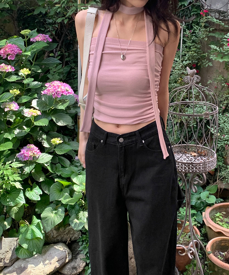 【タイ付き】シャーリングチューブトップ PINK
