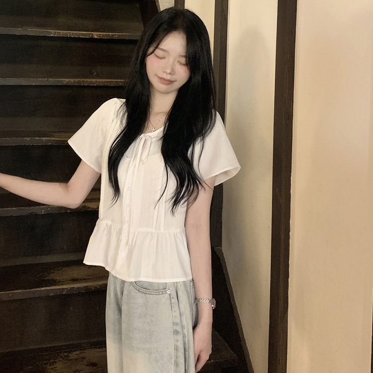 달라붙지 않는 시원한 여름 프릴 반팔 루즈핏 블라우스 화이트 소라 블랙 직장인룩 하객룩 아이보리