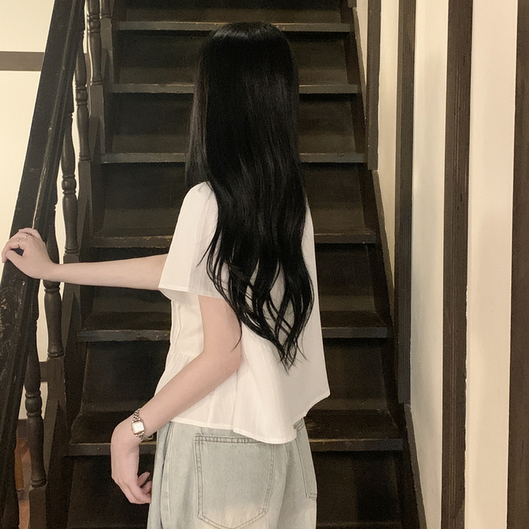 달라붙지 않는 시원한 여름 프릴 반팔 루즈핏 블라우스 화이트 소라 블랙 직장인룩 하객룩 아이보리