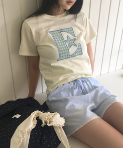 チェックワッペン半袖Tシャツ LIGHT YELLOW