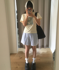 チェックワッペン半袖Tシャツ LIGHT YELLOW