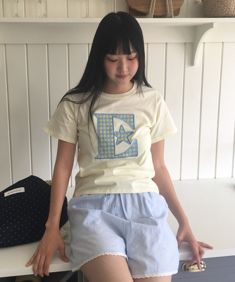 チェックワッペン半袖Tシャツ LIGHT YELLOW