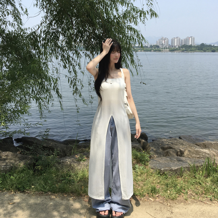 ロングワンピース スリットシースルービスチェロングワンピース IVORY