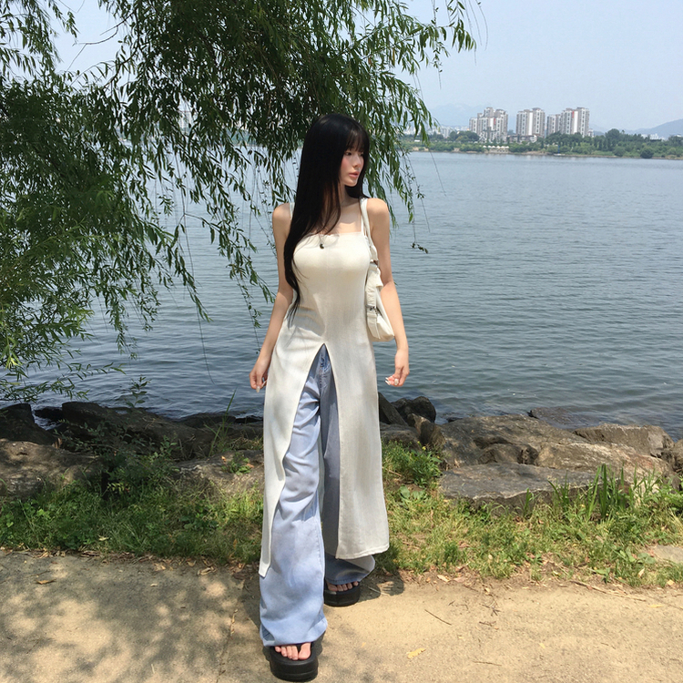 ロングワンピース スリットシースルービスチェロングワンピース IVORY