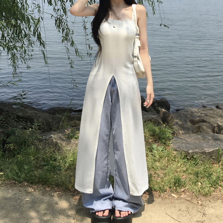 ロングワンピース スリットシースルービスチェロングワンピース IVORY