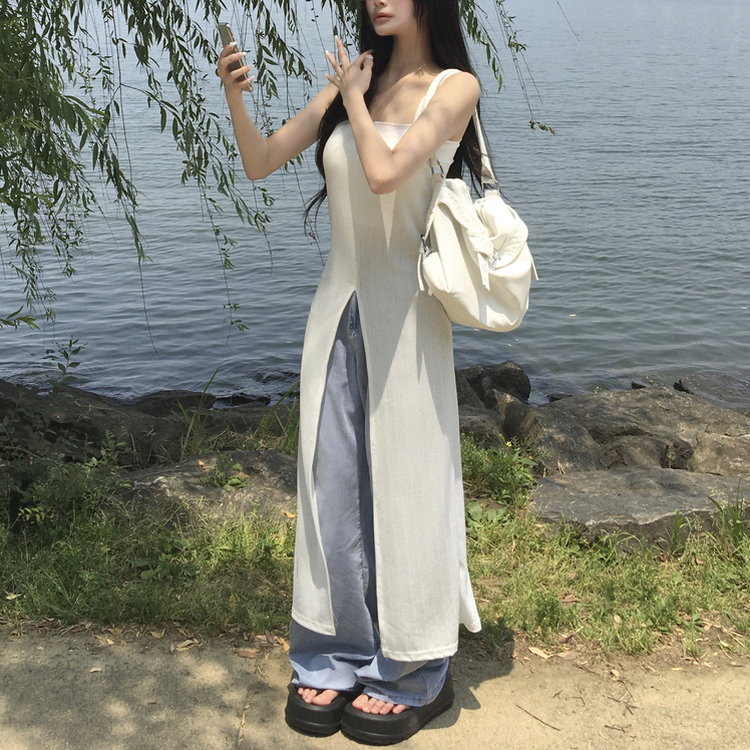ロングワンピース スリットシースルービスチェロングワンピース IVORY