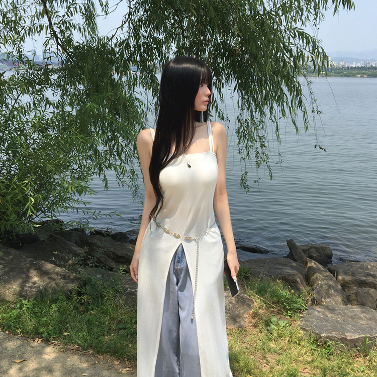 ロングワンピース スリットシースルービスチェロングワンピース IVORY