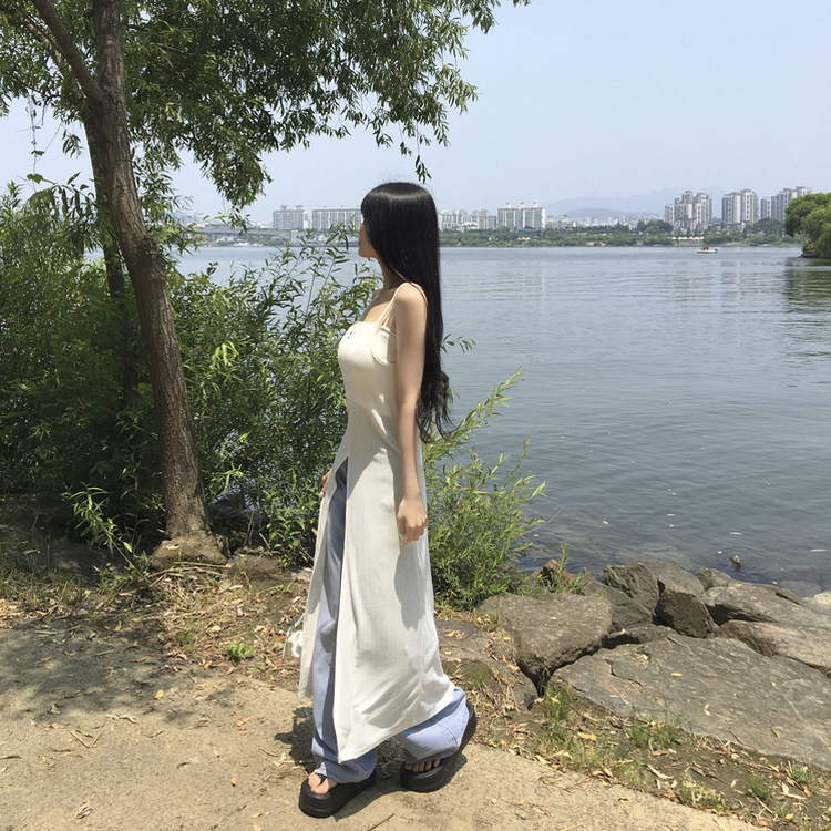 ロングワンピース スリットシースルービスチェロングワンピース IVORY
