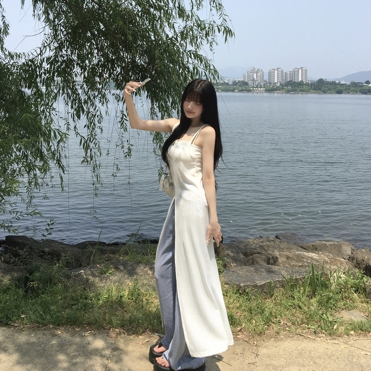 ロングワンピース スリットシースルービスチェロングワンピース IVORY