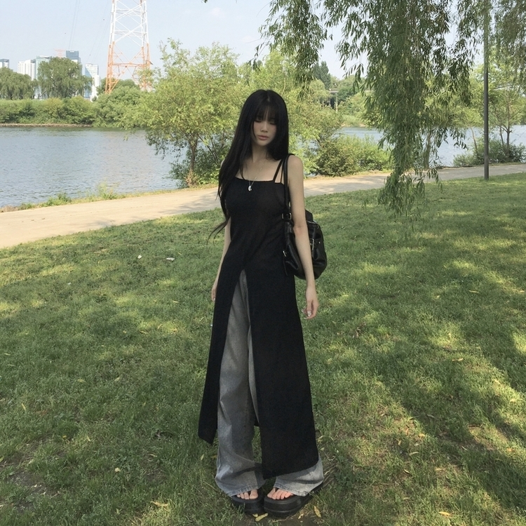 ロングワンピース スリットシースルービスチェロングワンピース BLACK