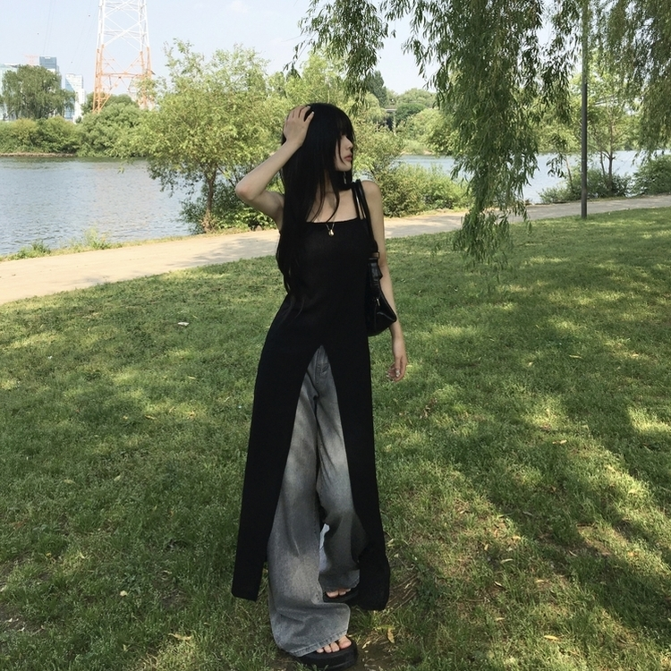 ロングワンピース スリットシースルービスチェロングワンピース BLACK