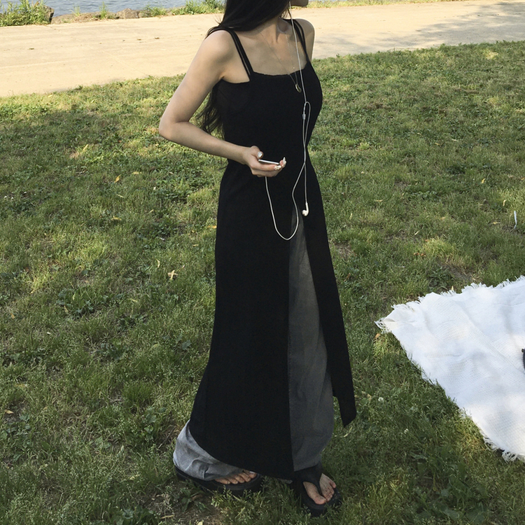ロングワンピース スリットシースルービスチェロングワンピース BLACK
