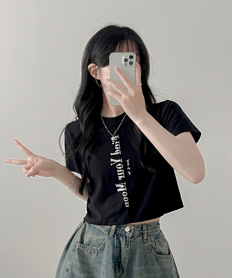 半袖Tシャツ ムードスリットクロップTシャツ BLACK