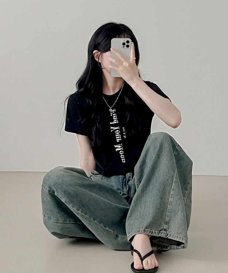半袖Tシャツ ムードスリットクロップTシャツ BLACK