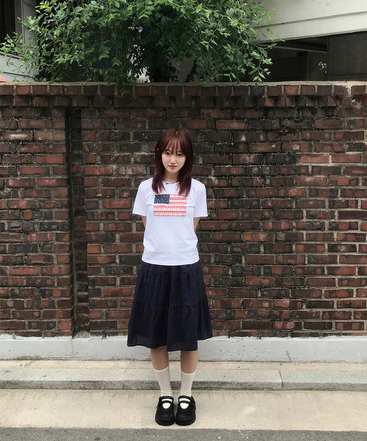 ストライプリネンミディスカート NAVY