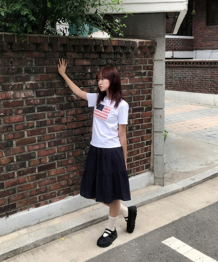 ストライプリネンミディスカート NAVY