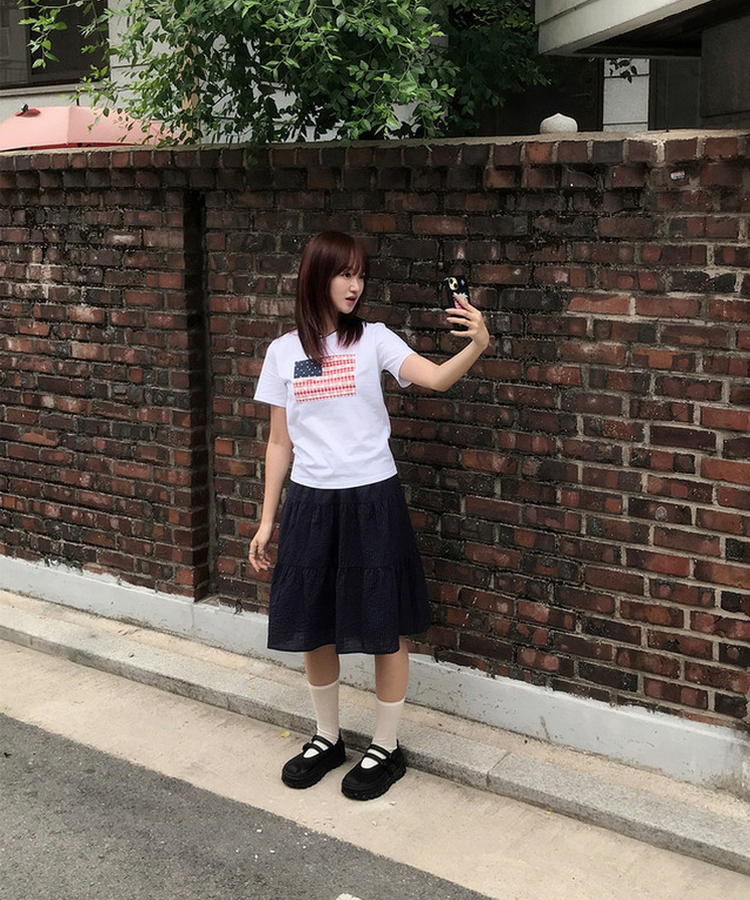 ストライプリネンミディスカート NAVY