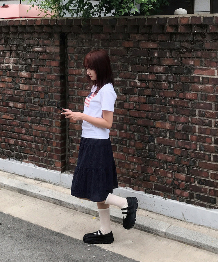 ストライプリネンミディスカート NAVY