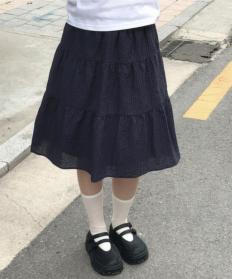 ストライプリネンミディスカート NAVY