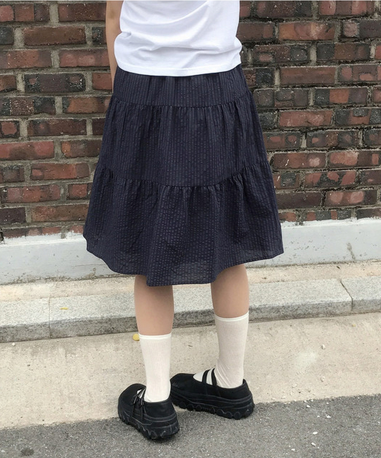 ストライプリネンミディスカート NAVY