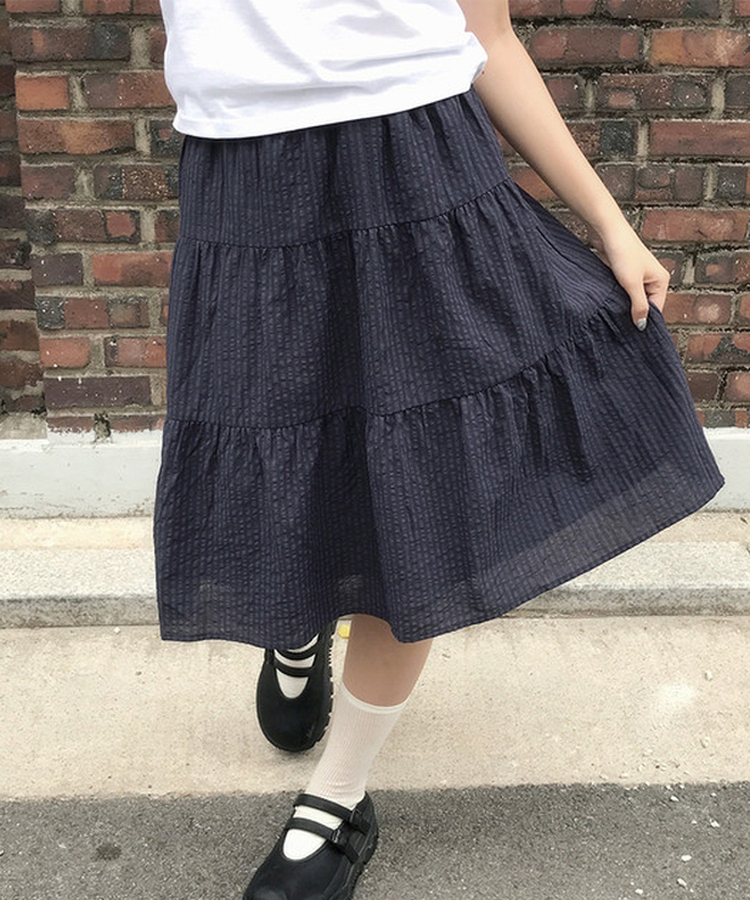 ストライプリネンミディスカート NAVY