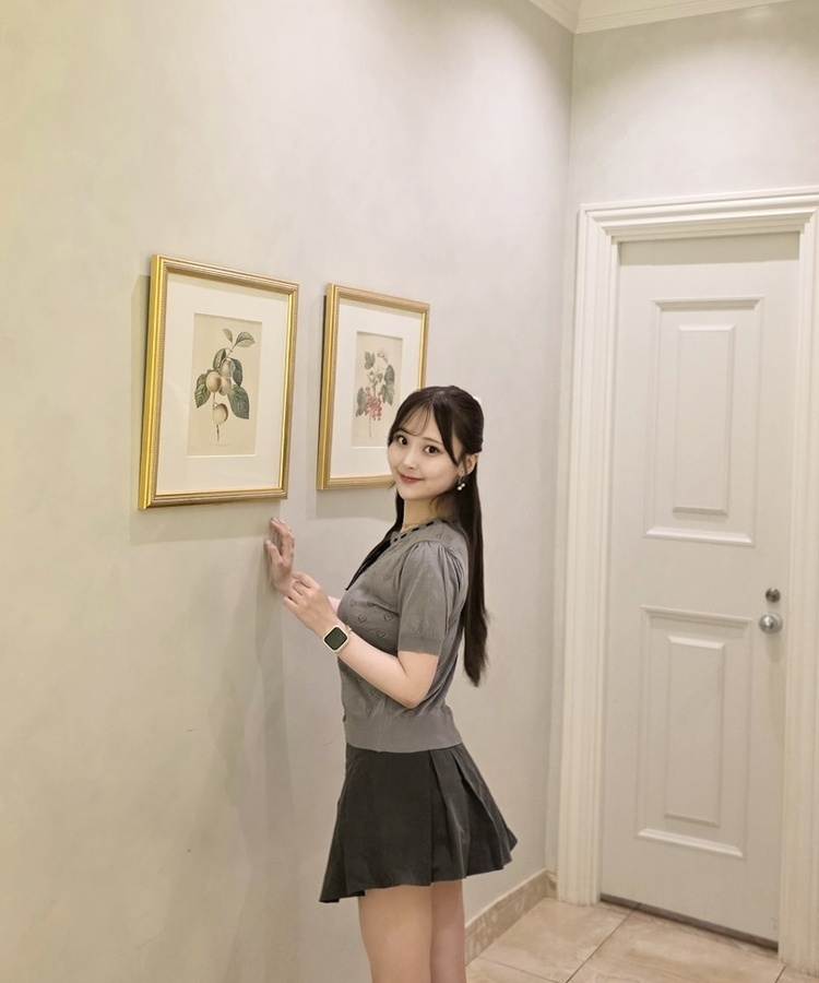 하트 펀칭 리본 반팔 가디건 그레이