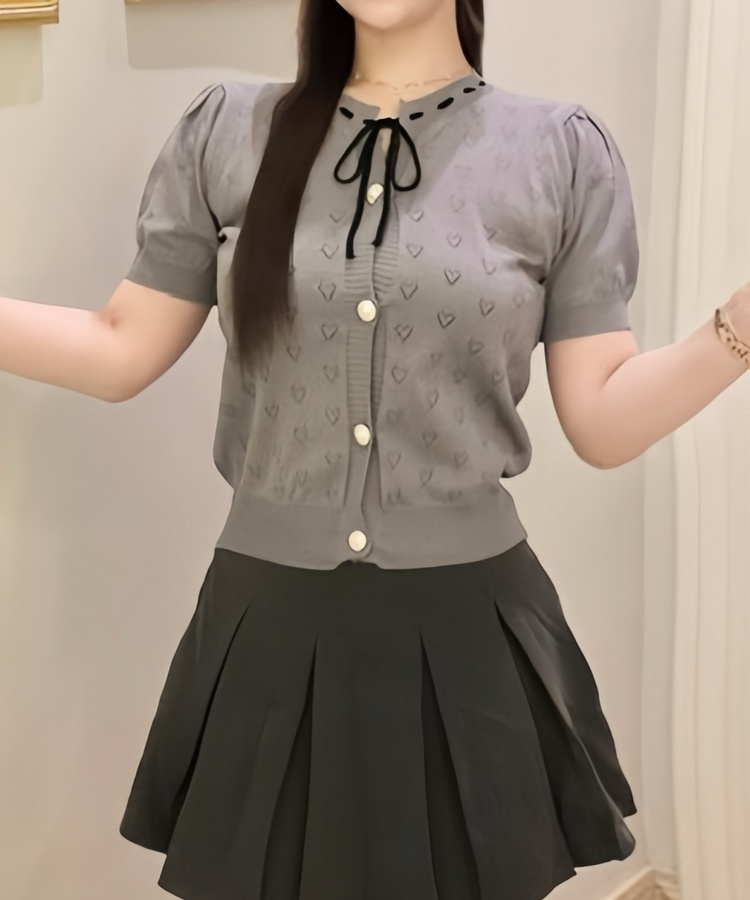하트 펀칭 리본 반팔 가디건 그레이