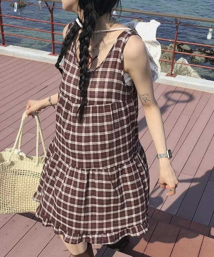 ミニワンピース チェックキャミソールワンピース BROWN
