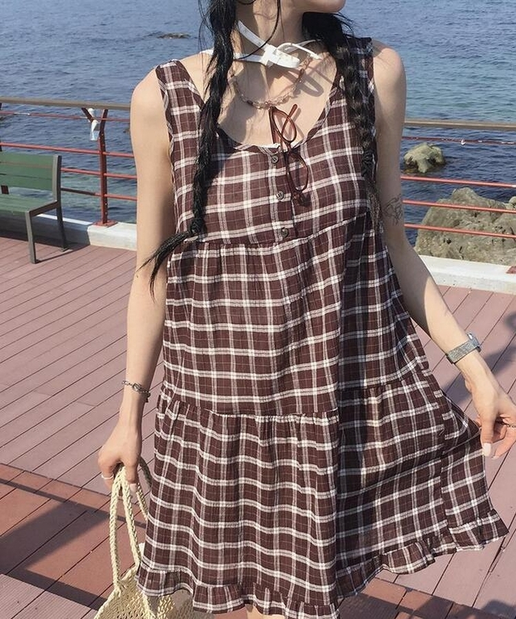ミニワンピース チェックキャミソールワンピース BROWN