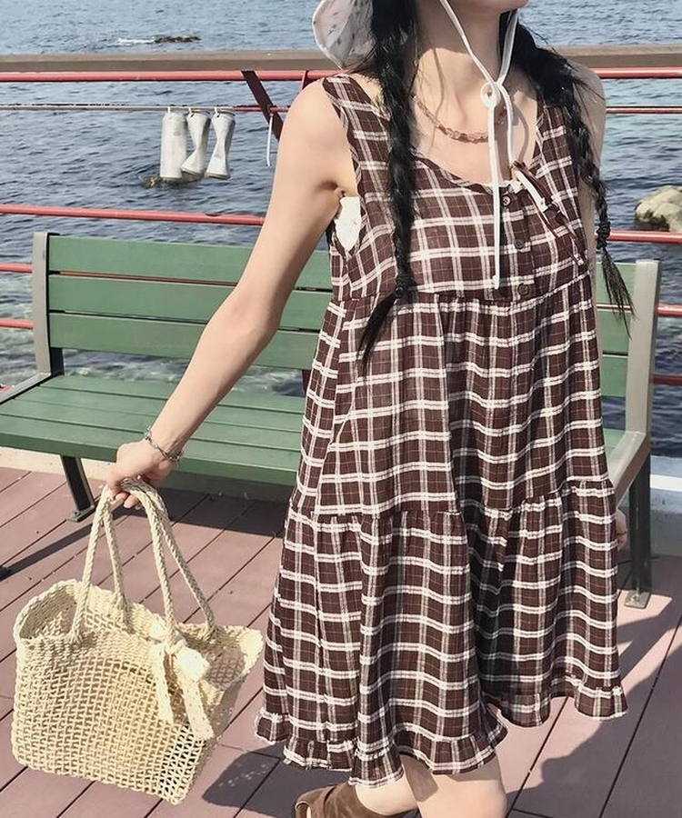 ミニワンピース チェックキャミソールワンピース BROWN