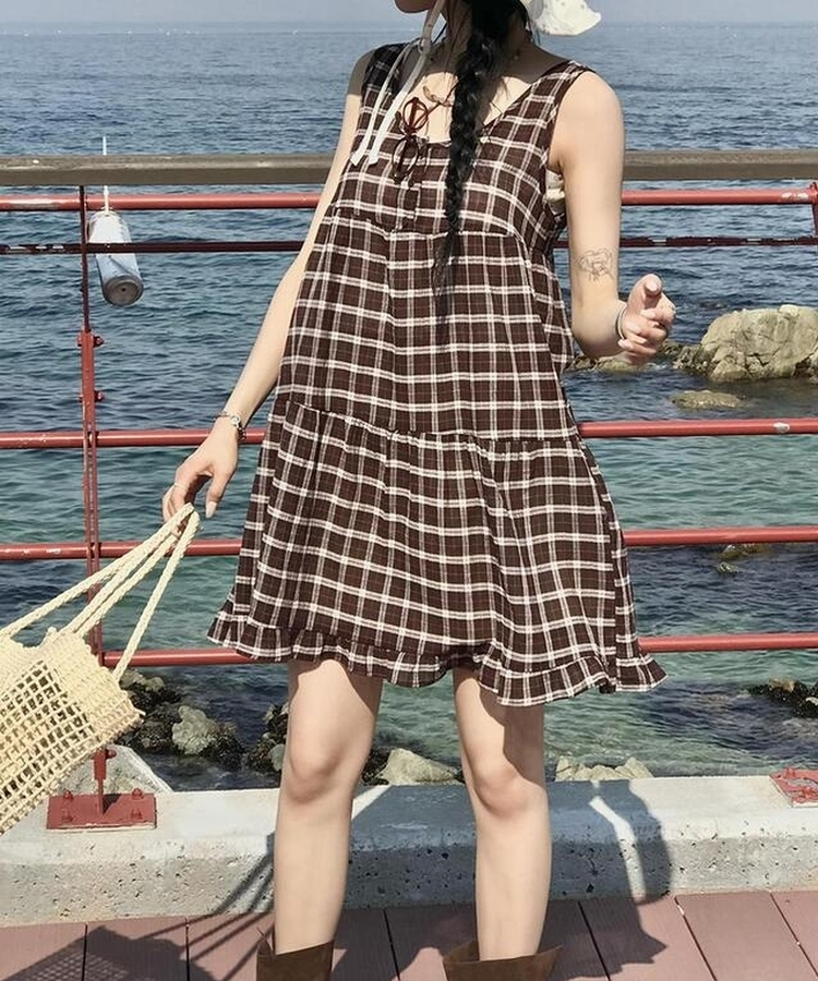ミニワンピース チェックキャミソールワンピース BROWN