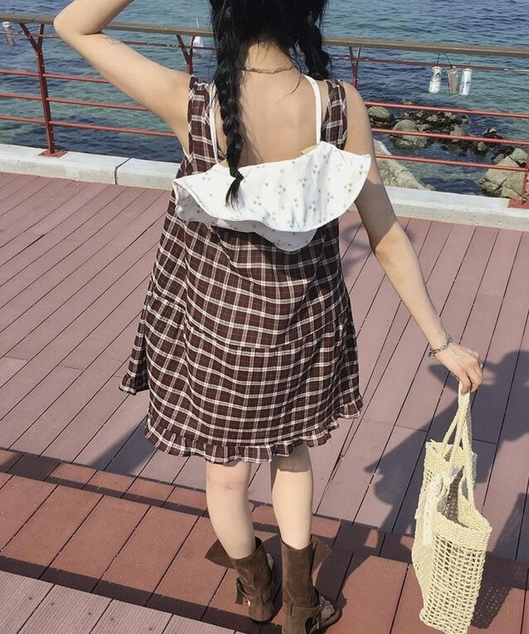 ミニワンピース チェックキャミソールワンピース BROWN