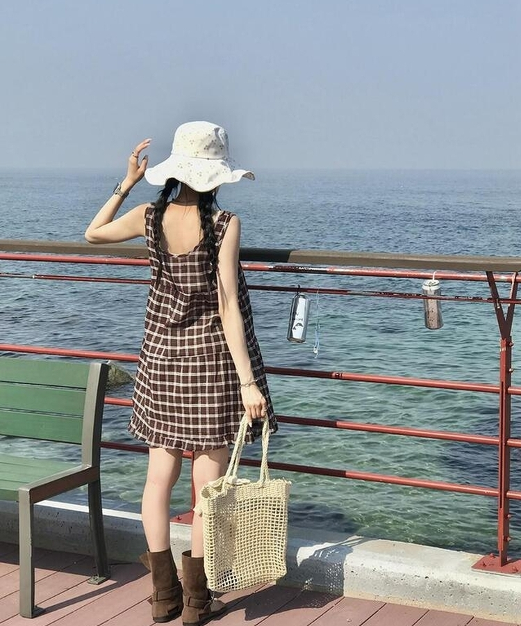 ミニワンピース チェックキャミソールワンピース BROWN