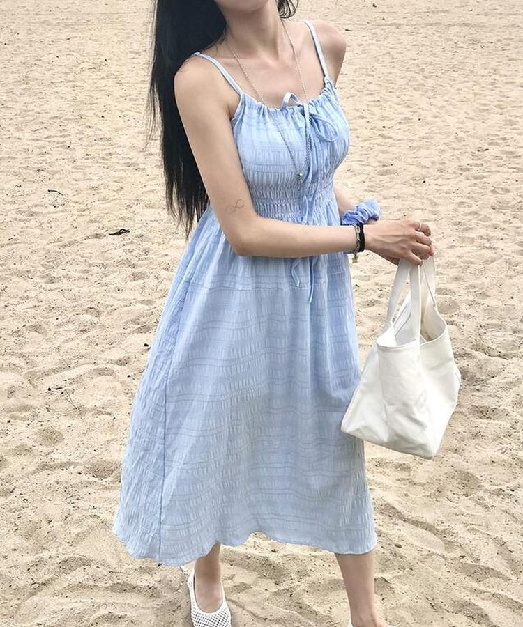 ロングワンピース スモークキャミソールロングワンピース SKYBLUE